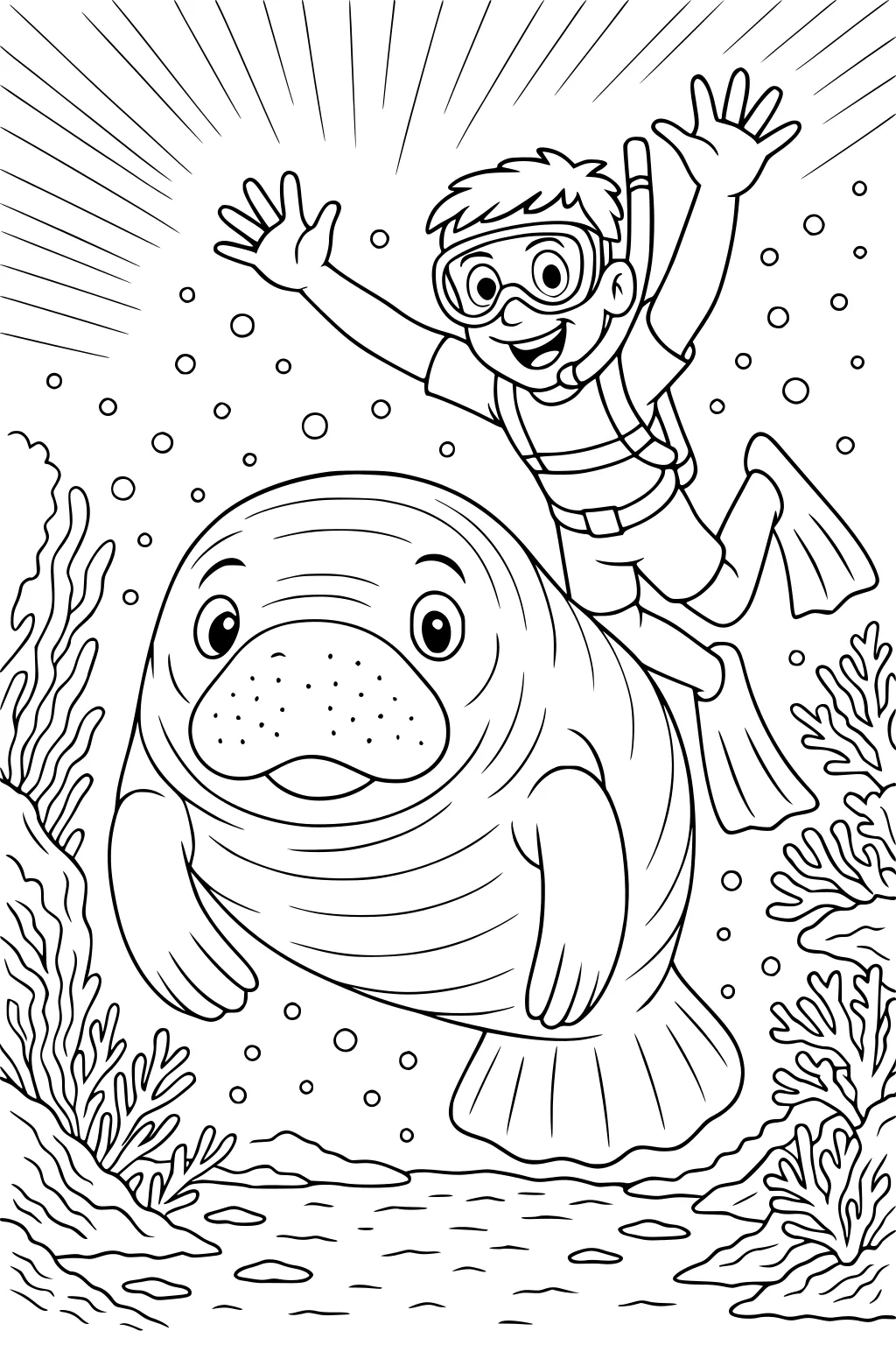 Boy in snorkel gear swimming with a manatee underwater, surrounded by corals and bubbles.