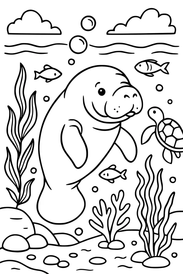 Free Manatee Coloring Page - Underwater Swim With Turtle and Fish (Printable PDF)