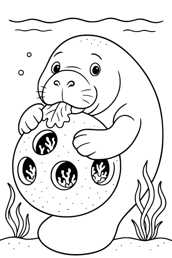 Free Manatee Coloring Page - Hugging Coral Underwater (Printable PDF)