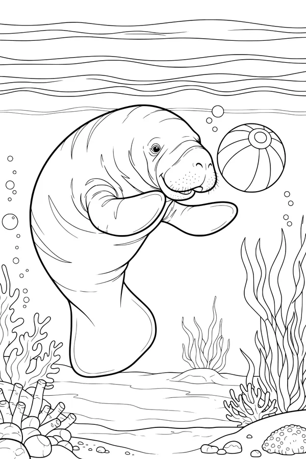 Free Manatee Coloring Page - Playful Underwater Beach Ball Scene (Printable PDF)