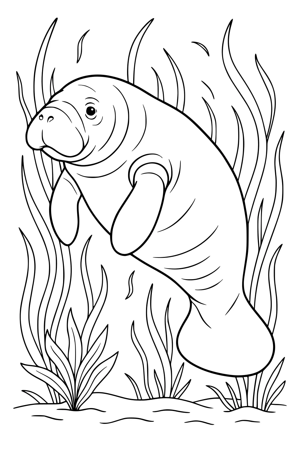 A plump manatee swims surrounded by long sea grass, with a sandy bottom visible beneath.