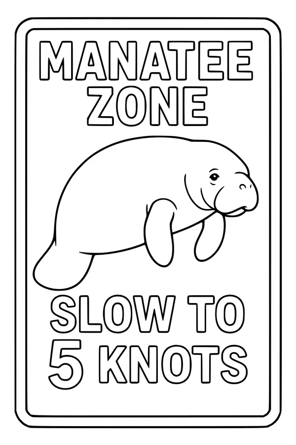 Free Manatee Coloring Page - Gentle Swimmer By Manatee Zone Sign (Printable PDF)