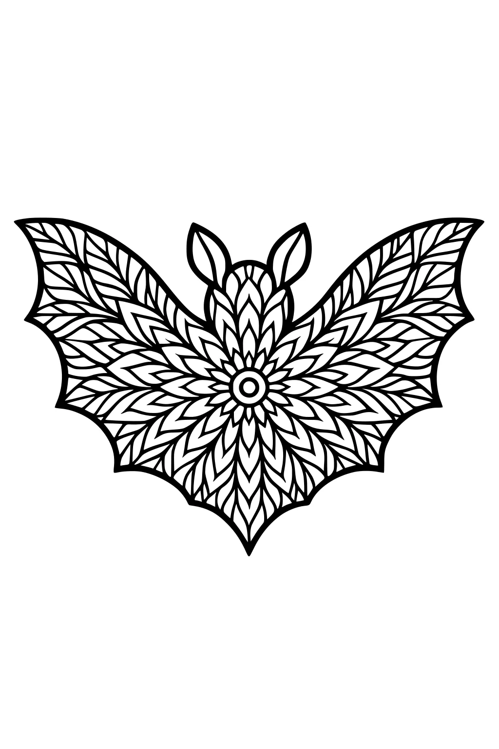 Outlined bat with patterned wings and leaf designs filling its body.