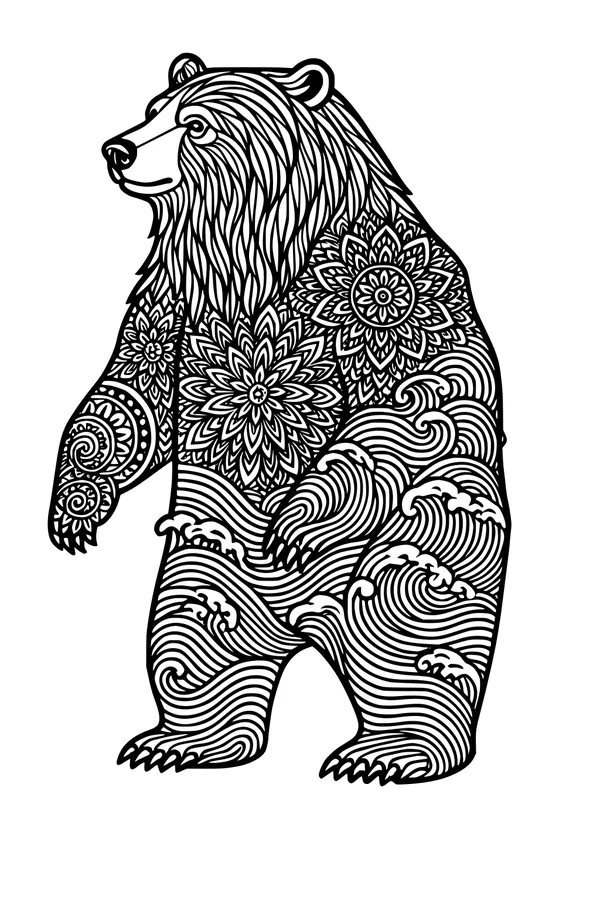 Free Bear Coloring Page - Mandala Bear by the River's Edge (Printable PDF)