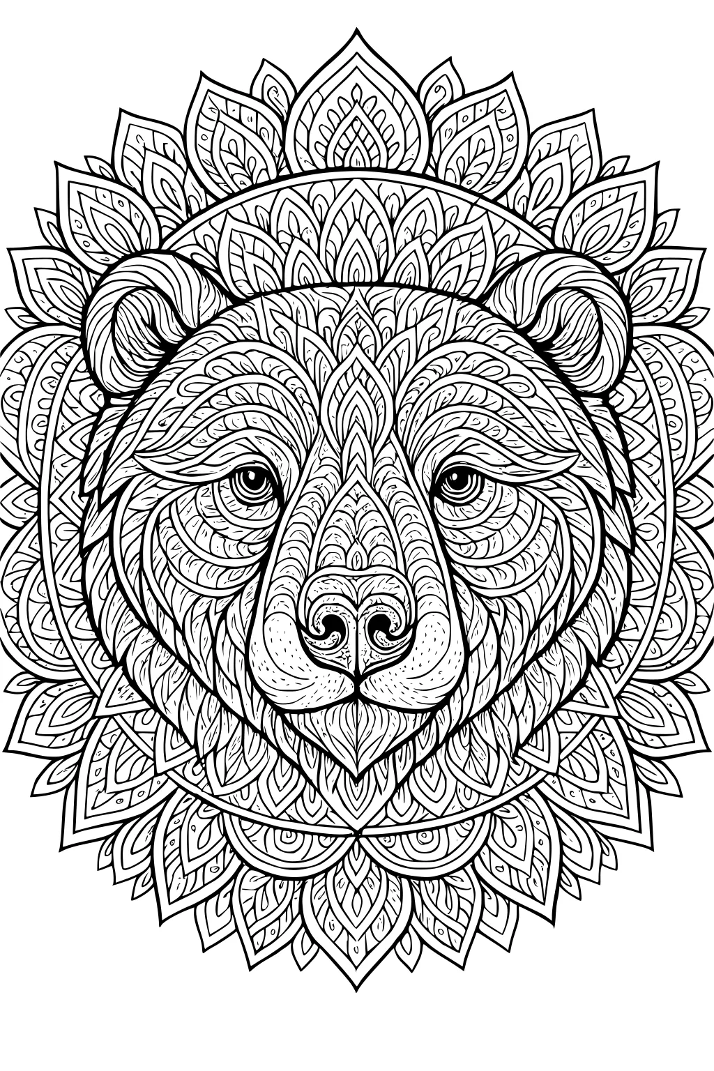 Bear face made of swirling, detailed leaf patterns and framed with a large mandala design.