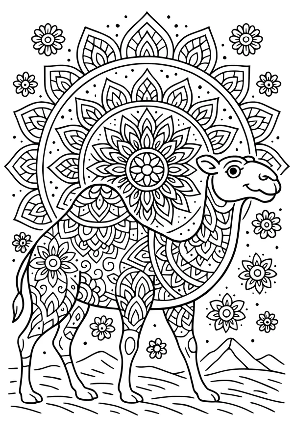 Free Camel Coloring Page - Mandala Desert Flowers Scene (Printable PDF)