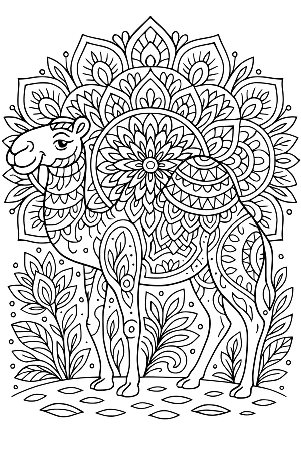 Free Camel Coloring Page - Mandala Camel in a Leafy Garden (Printable PDF)