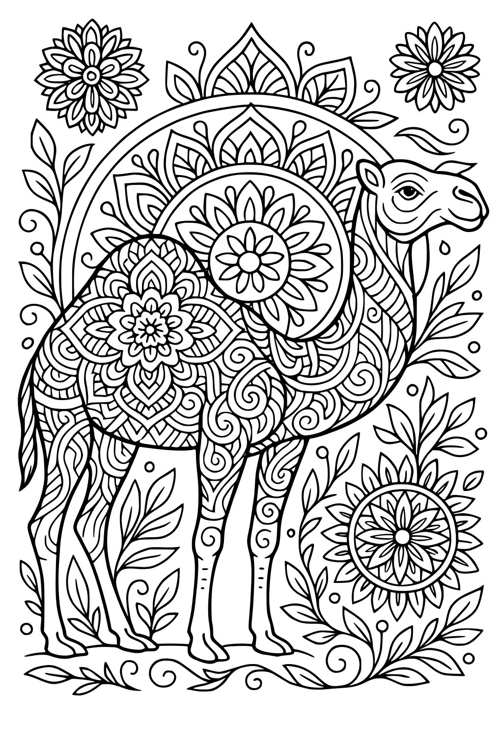 Camel with mandala patterns on its body, surrounded by flowers and leafy vines in detailed line art.