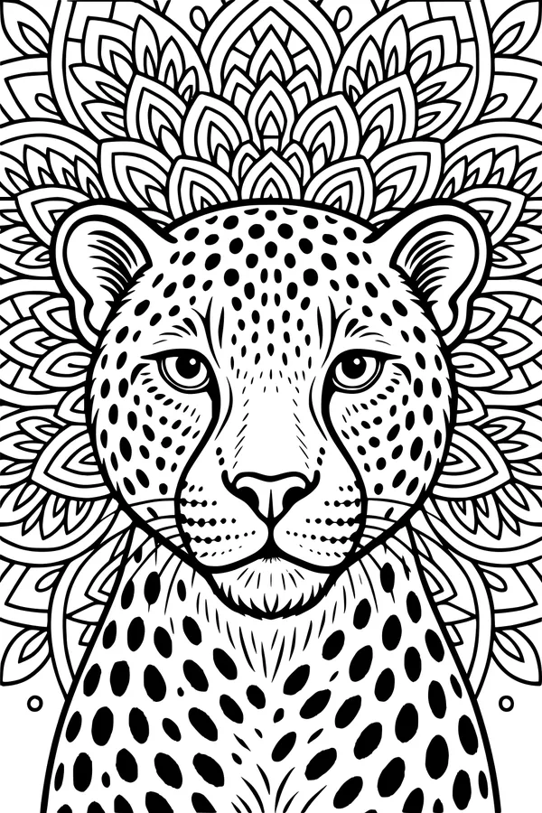 Free Cheetah Coloring Page - Realistic Cheetah With Mandala Background (Printable PDF)