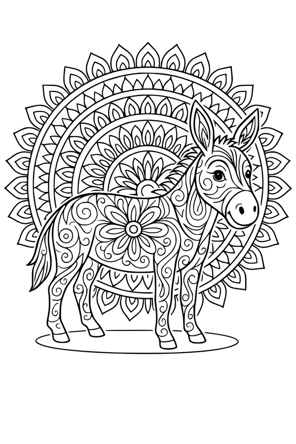 Free Donkey Coloring Page - Patterned Mandala Donkey with Flowers (Printable PDF)