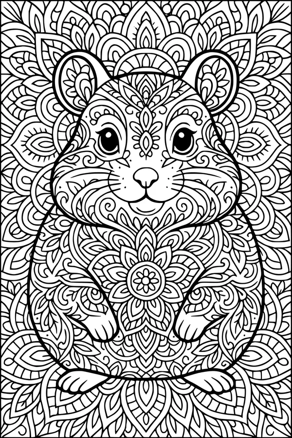 Free Hamster Coloring Page - Mandala Fur and Floral Patterns (Printable PDF)