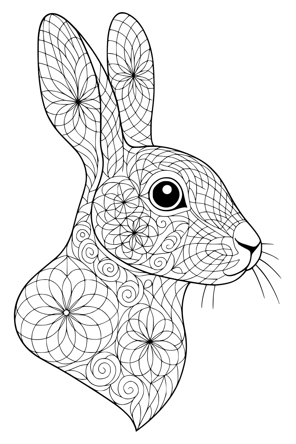 Detailed line drawing of a hare's head with intricate flower and swirl patterns inside its outline.