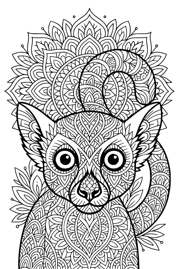 Free Lemur Coloring Page - Mandala Lemur With Curly Striped Tail (Printable PDF)