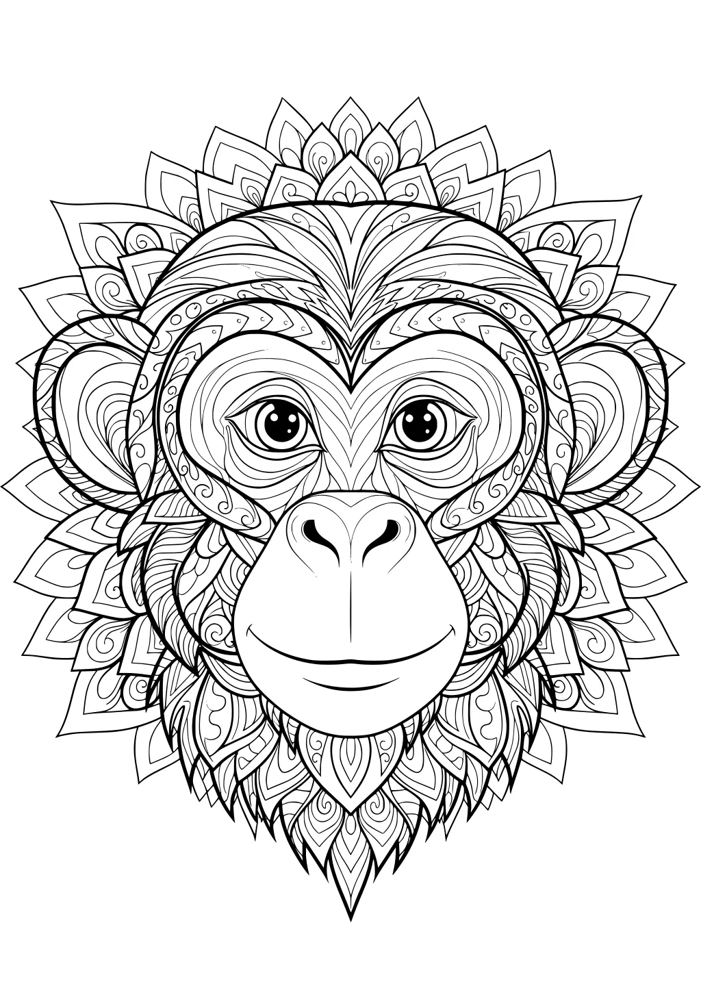 Monkey face with patterned fur and leafy mandala shapes radiating around the head