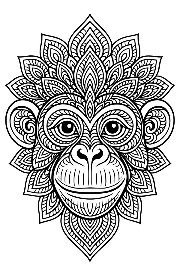 Free Monkey Coloring Page - Smiling Jungle Face With Leafy Crown (Printable PDF)