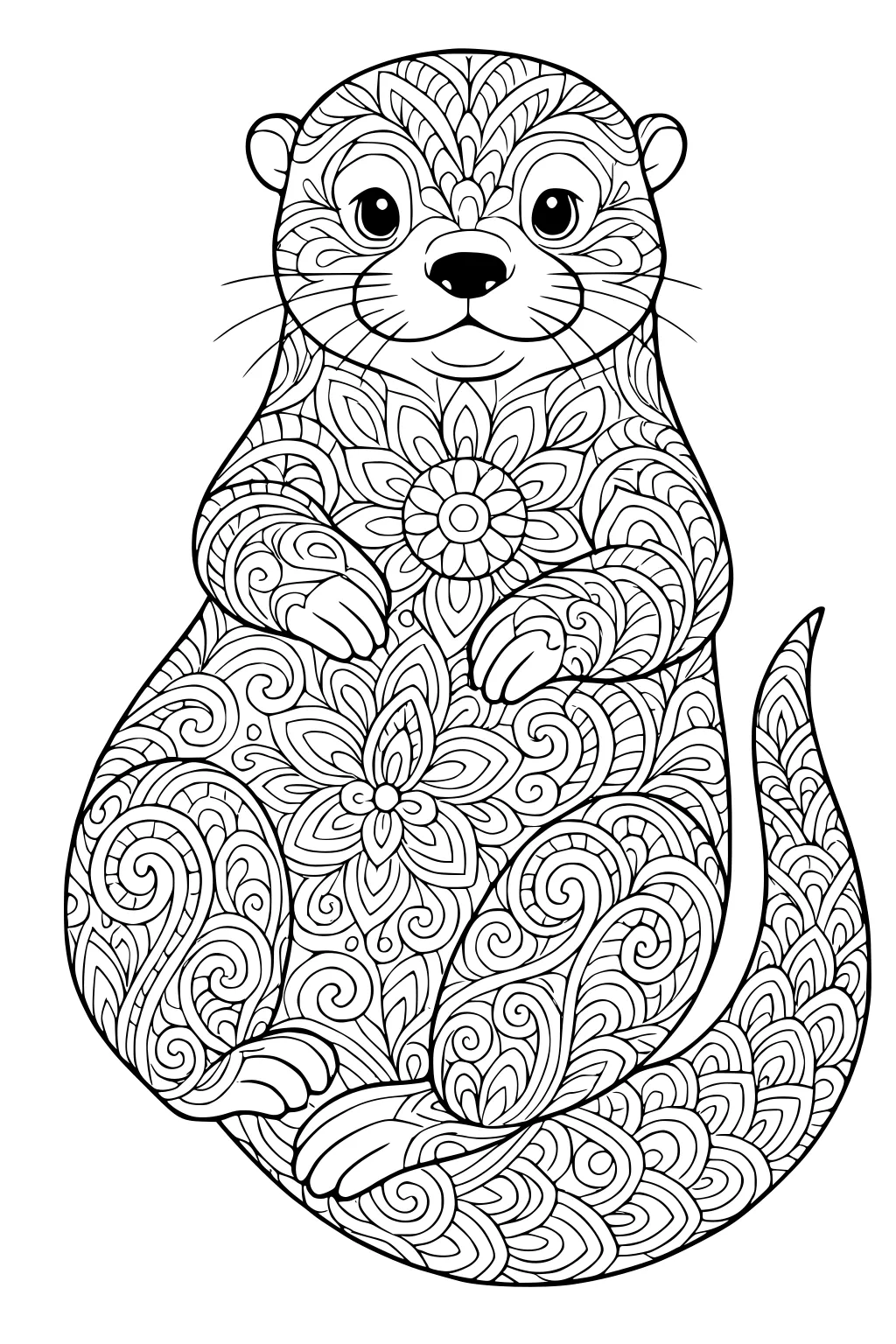 Sitting otter with large eyes, floral and swirl patterns covering the body, paws up near chest, and curled tail.