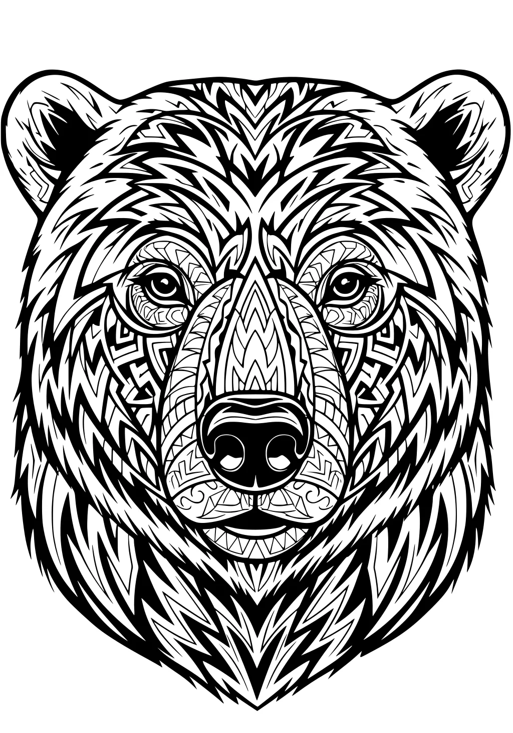 Polar bear face with intricate patterns and bold lines filling the head, ears, and snout, all facing forward.