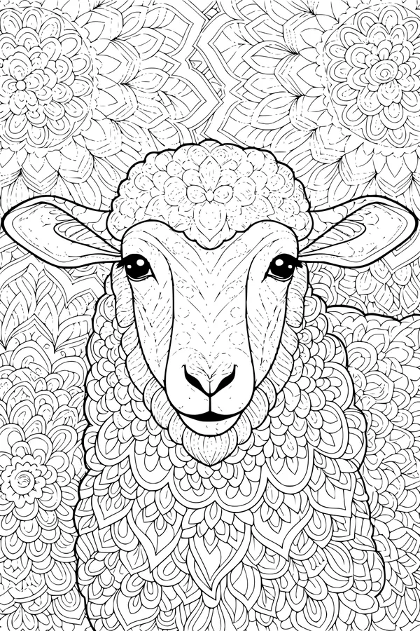 Free Sheep Coloring Page - Swirly Wool and Floral Mandala Background (Printable PDF)