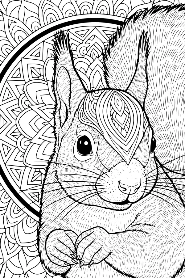 Free Squirrel Coloring Page - Mandala Forest With Bushy Tail (Printable PDF)