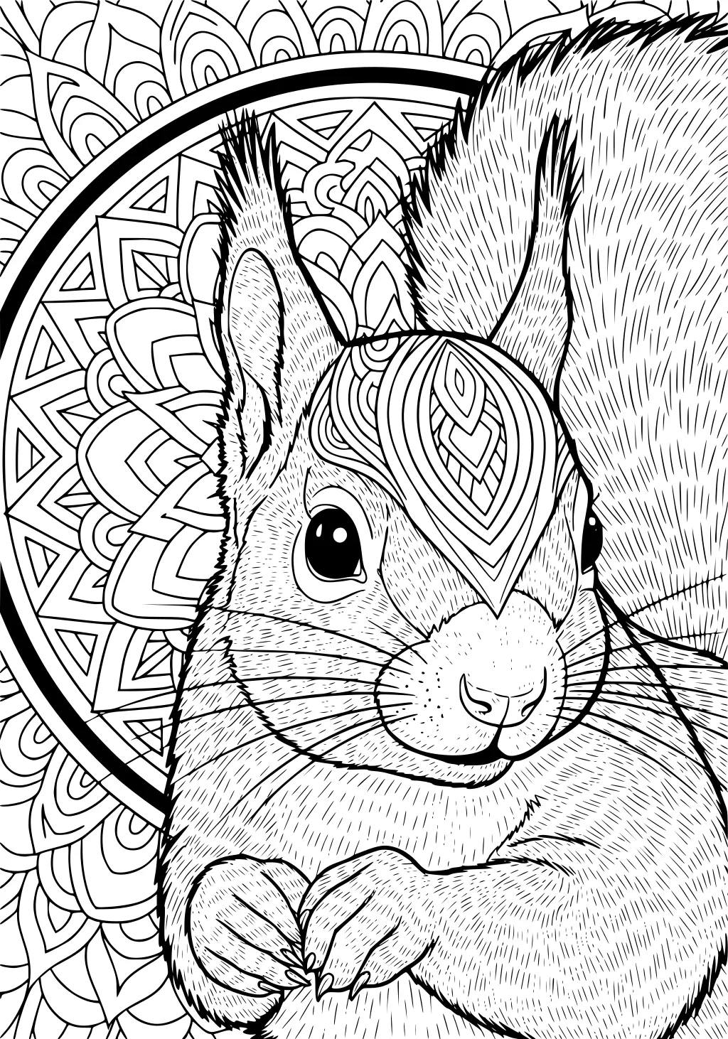 Squirrel with detailed fur and large tail in front of a mandala pattern background.