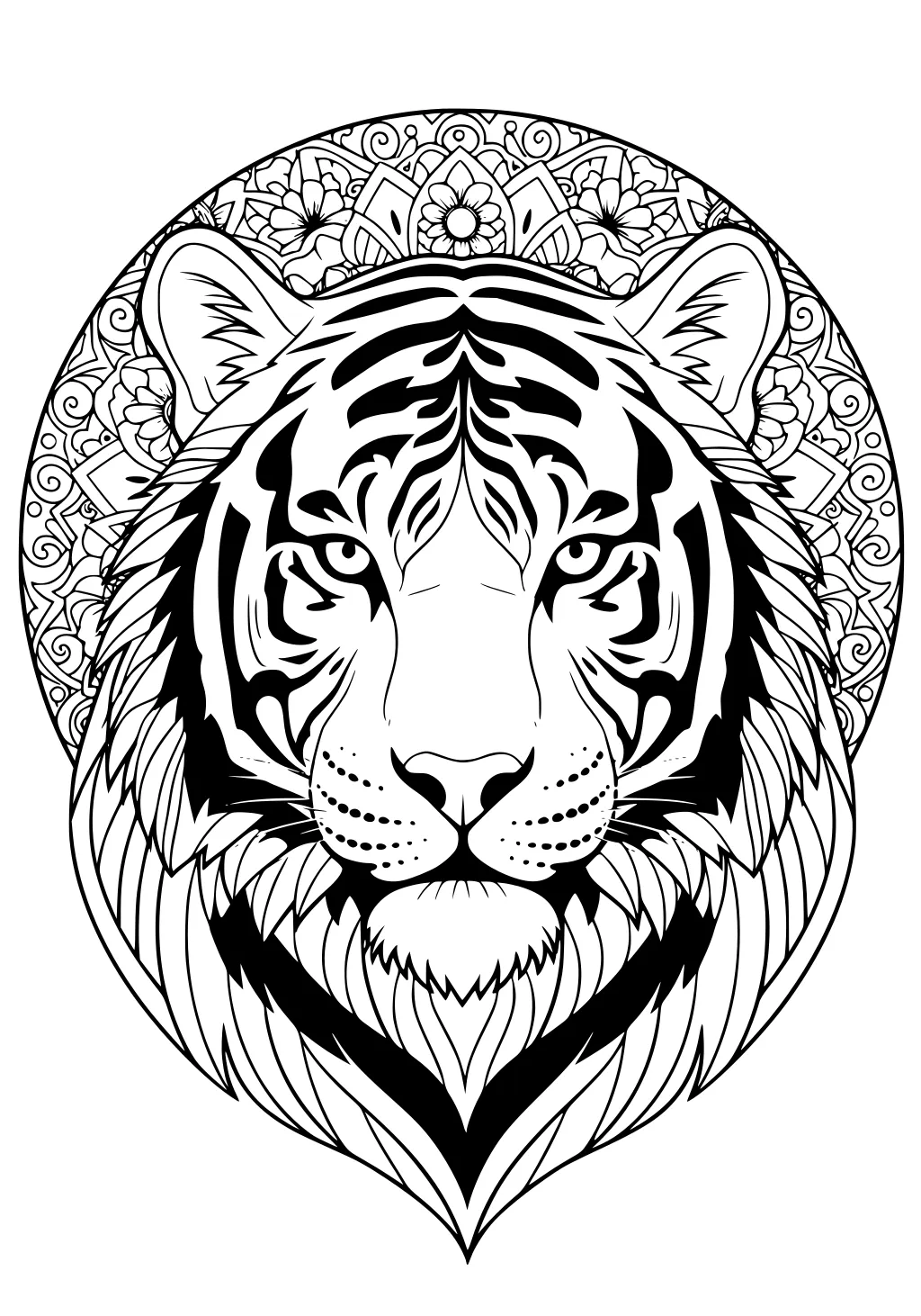 Tiger face with stripes, surrounded by a circular floral mandala background, detailed line art.