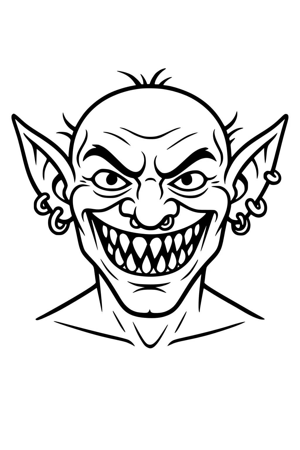 Grinning goblin boy with big pointy ears, hoop earrings, nose ring, arched brows, and sharp teeth, black-and-white line art.