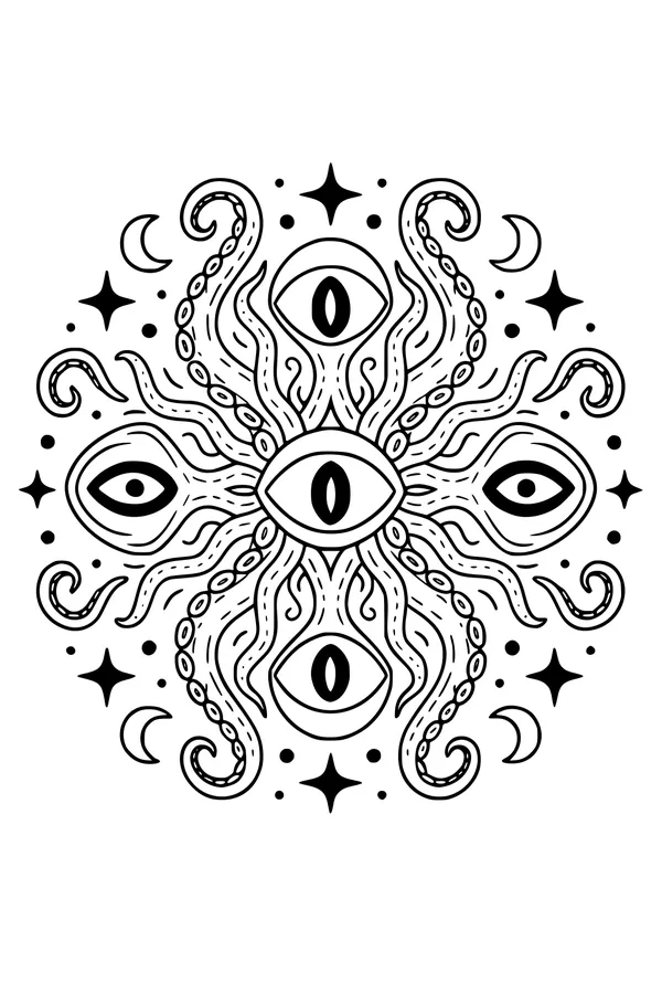 Free Alien Coloring Page - Many-Eyed Tentacle Friend in Starry Space Mandala (Printable PDF)