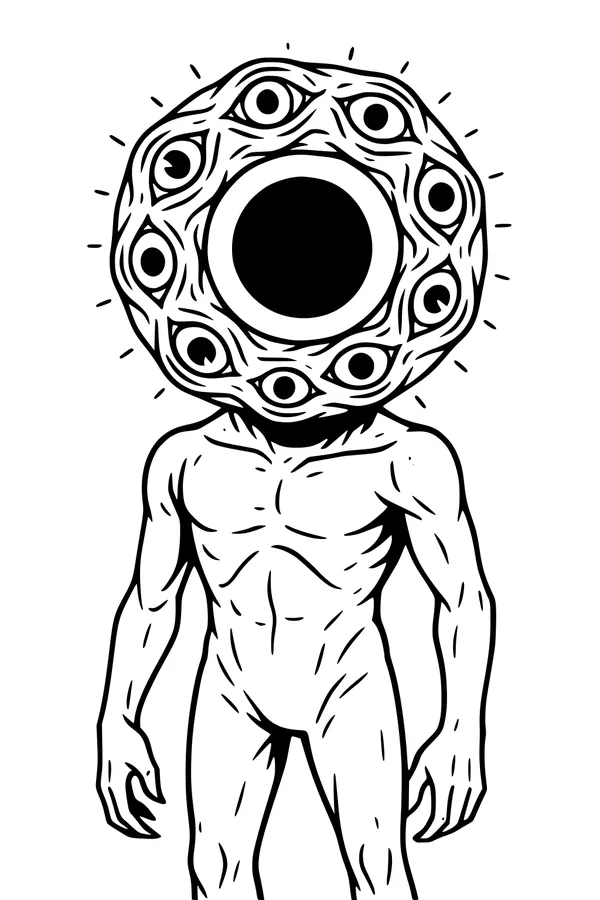 Free Alien Coloring Page - Many-Eyed Humanoid Visitor (Printable PDF)