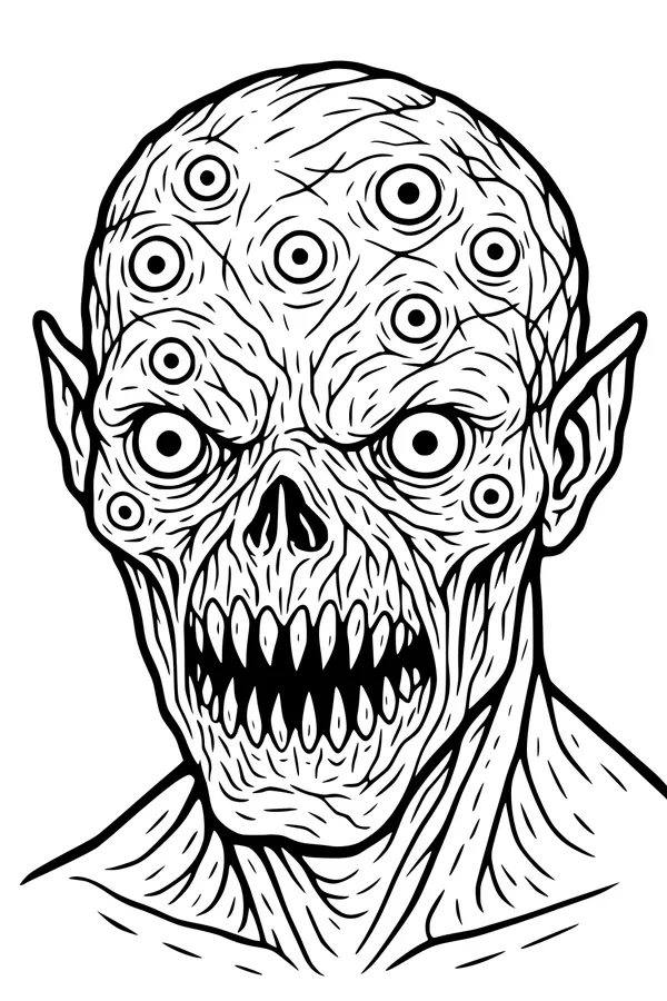 Free Monster Coloring Page - Many-Eyed Grinning Creature Head (Printable PDF)