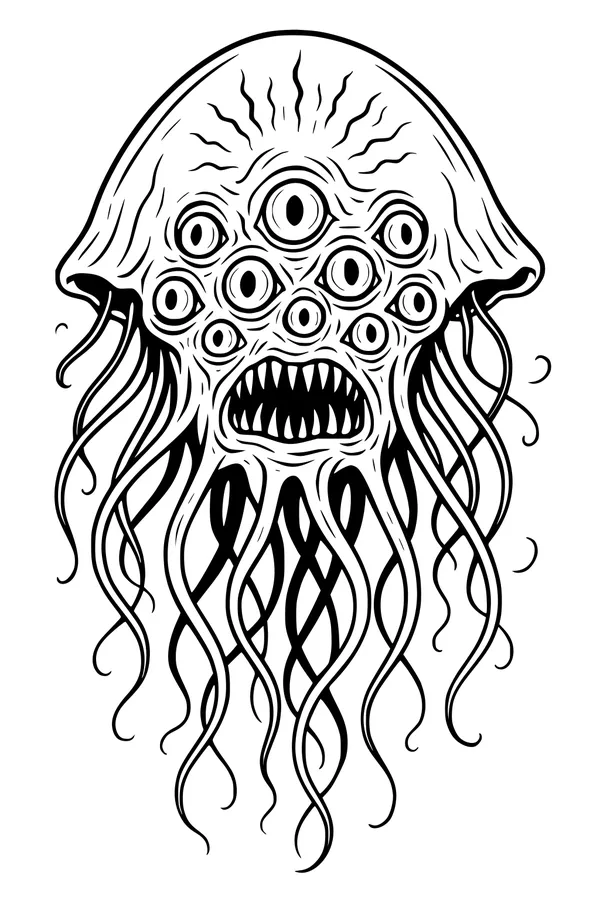 Free Kraken Sea Monster Coloring Page - Many-Eyed Jellyfish-Headed Beast (Printable PDF)