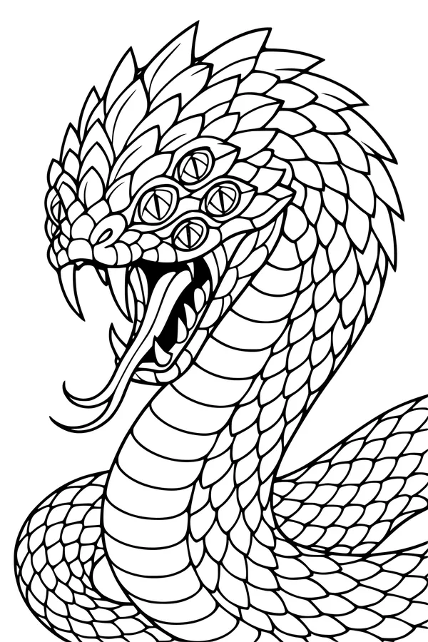 Free Serpent Monster Coloring Page - Many-Eyed Coiled Snake (Printable PDF)