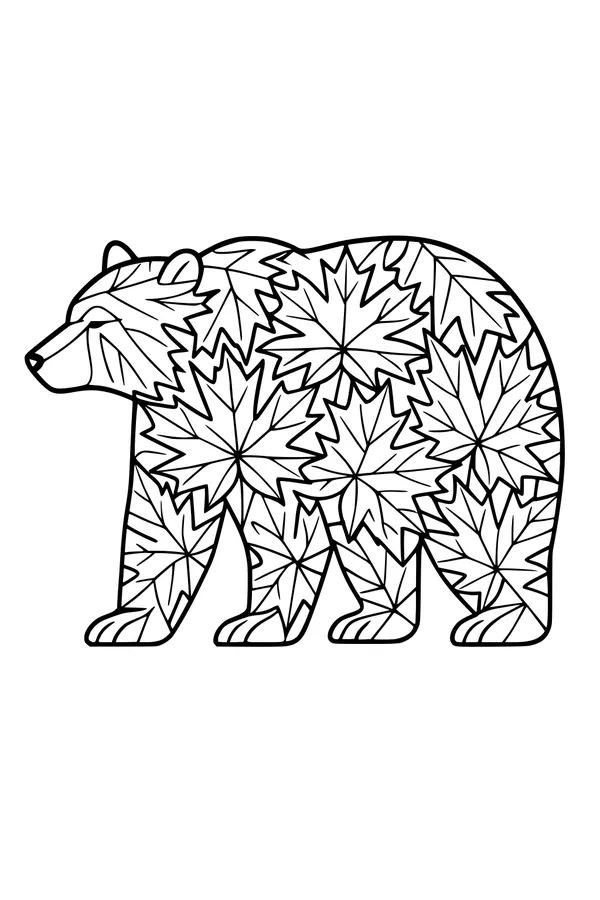 Free Bear Coloring Page - Autumn Maple Leaf Pattern (Printable PDF)