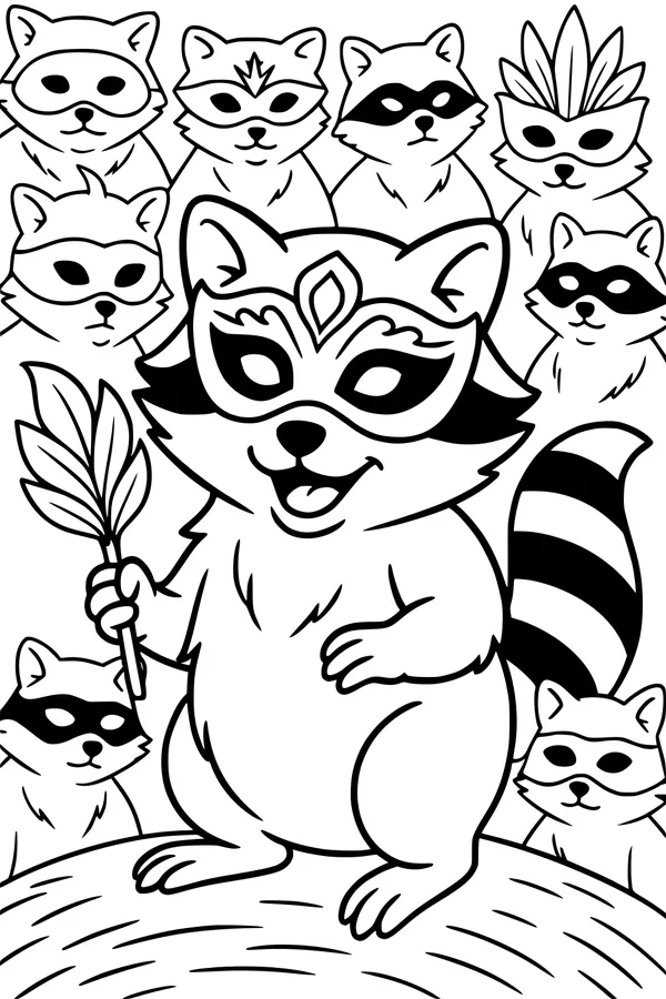 Free Raccoon Coloring Page - Masquerade Forest Parade (Printable PDF)