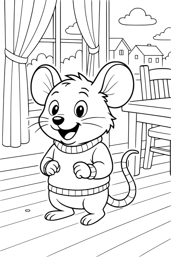 Free Mouse Coloring Page - Cozy Sweater in a Cheerful Room (Printable PDF)
