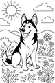 Free Husky Dog Coloring Page - Smiling Pup in Sunny Flower Field (Printable PDF)