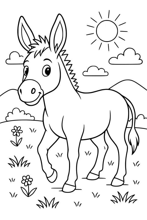 Free Donkey Coloring Page - Daisy in a Sunny Flower Field (Printable PDF)