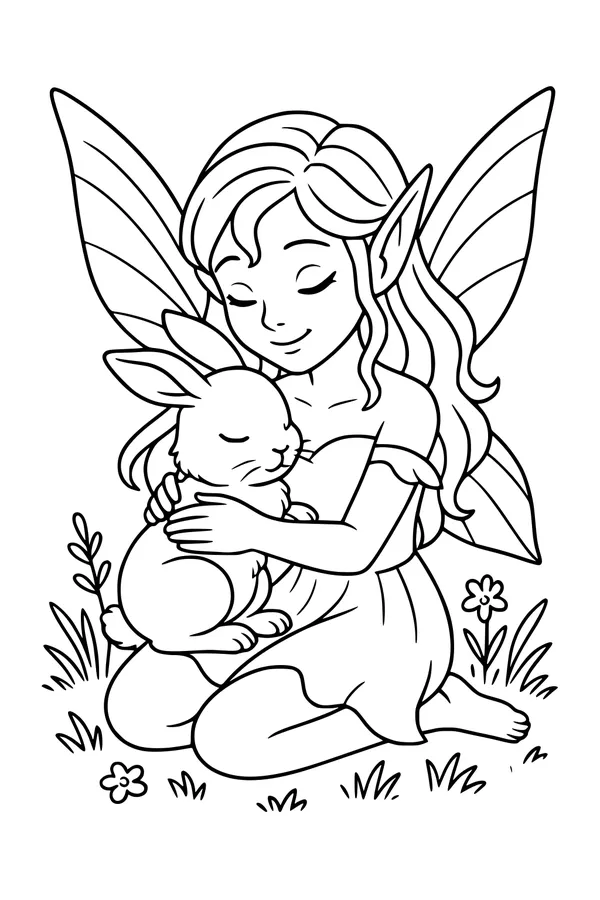 Free Fairy and Bunny Coloring Page - Meadow Cuddle Scene (Printable PDF)