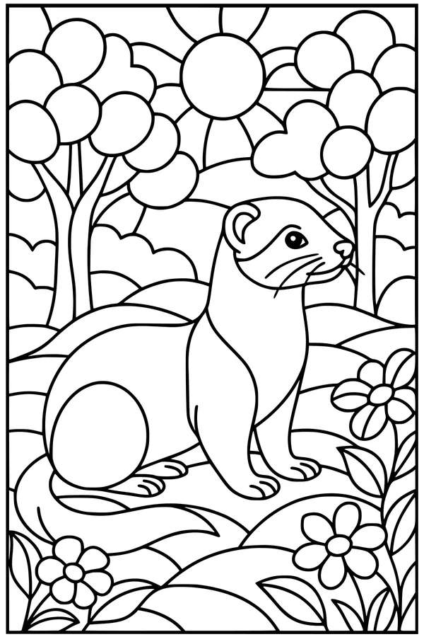 Free Ferret Coloring Page - Sunshine Meadow Scene (Printable PDF)