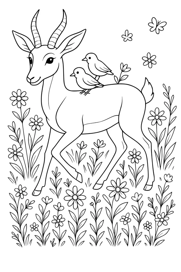 Free Gazelle Coloring Page - Meadow Walk With Birds And Butterflies (Printable PDF)