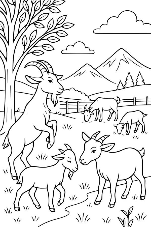 Free Goat Coloring Page - Five Goats in a Mountain Meadow (Printable PDF)
