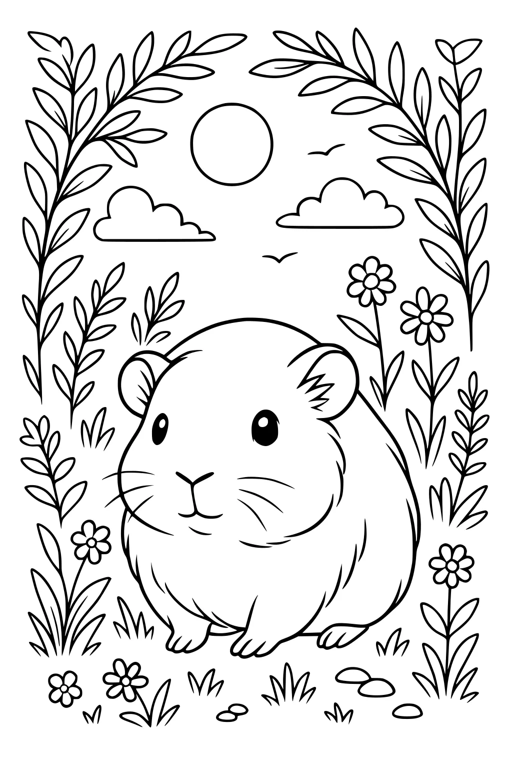 Guinea pig sitting in a flower-filled garden under sun and clouds, with leafy branches framing the scene.