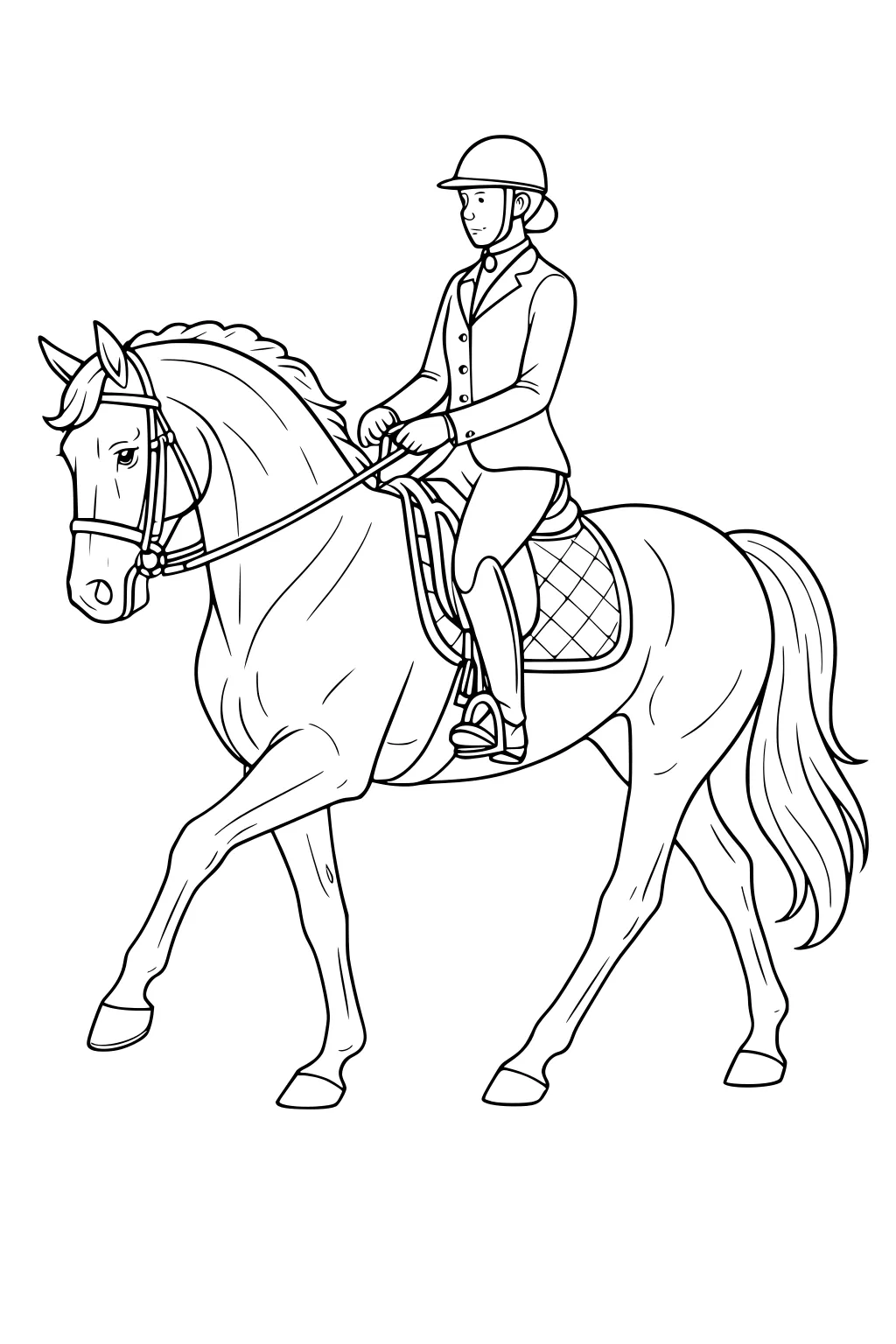 Girl in riding helmet and jacket sitting on a saddled horse, holding reins, both facing left.