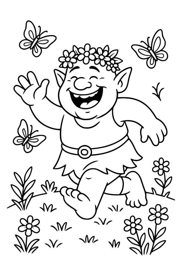 Free Ogre Coloring Page - Boy Ogre Chasing Butterflies in a Meadow (Printable PDF)