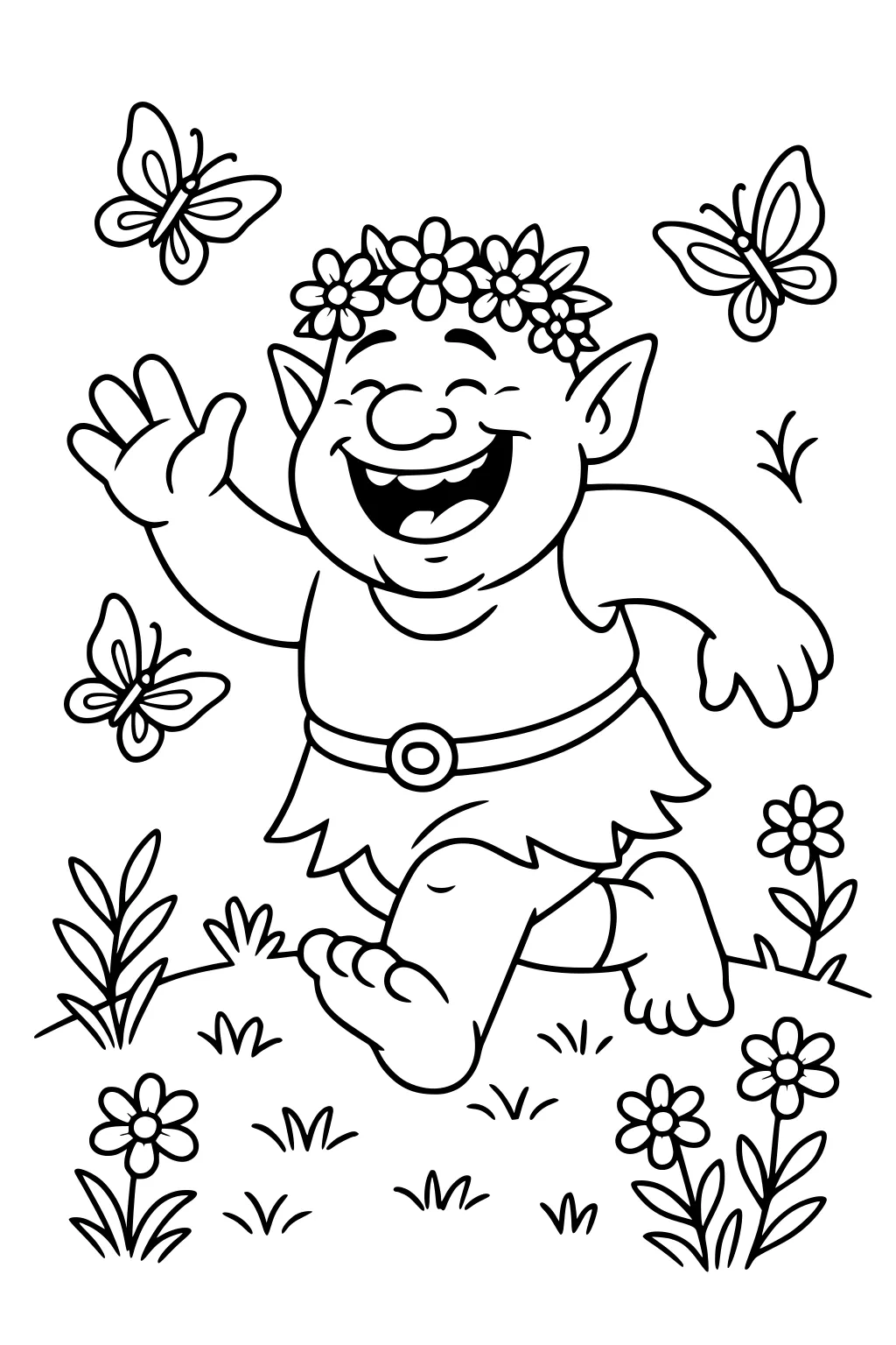 Happy boy ogre in a flower crown runs barefoot through a meadow, waving at butterflies among flowers and grass.