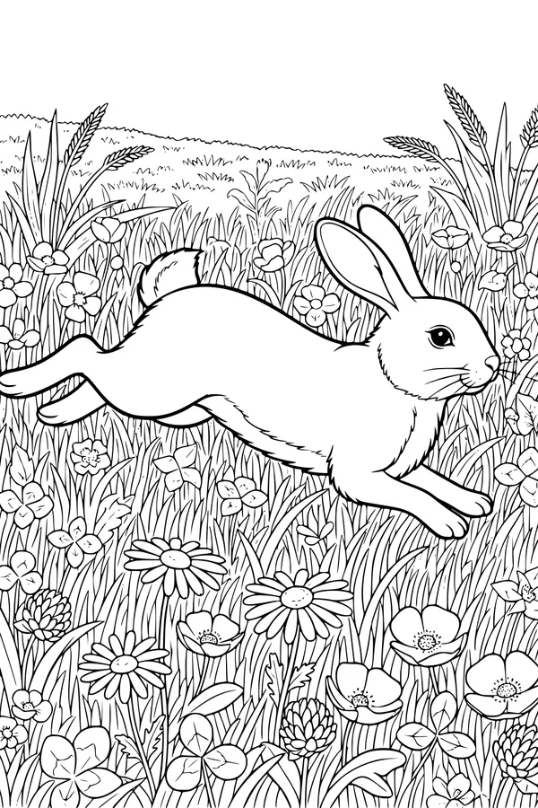 Free Rabbit Coloring Page - Bunny Hopping Through Wildflower Meadow (Printable PDF)