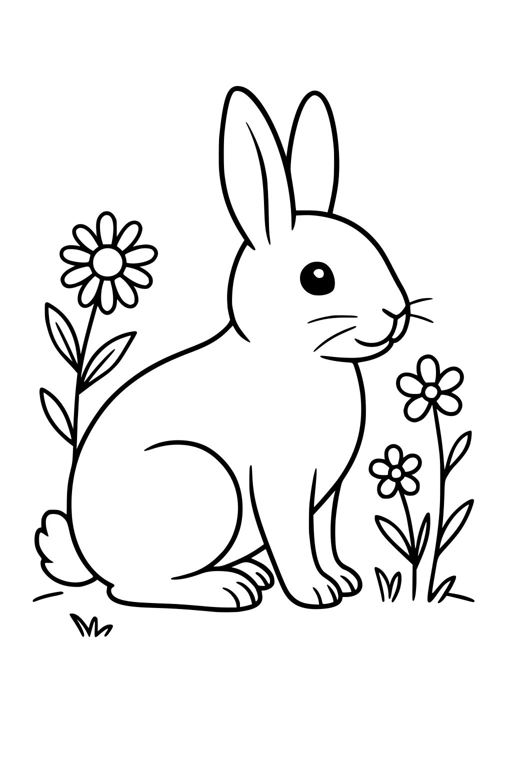 Rabbit sitting among three flowers with tall ears and grass details around its feet.