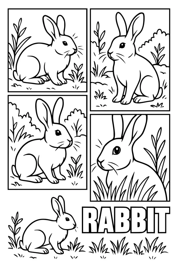 Free Rabbit Coloring Page - Five Bunny Friends in Garden Frames (Printable PDF)