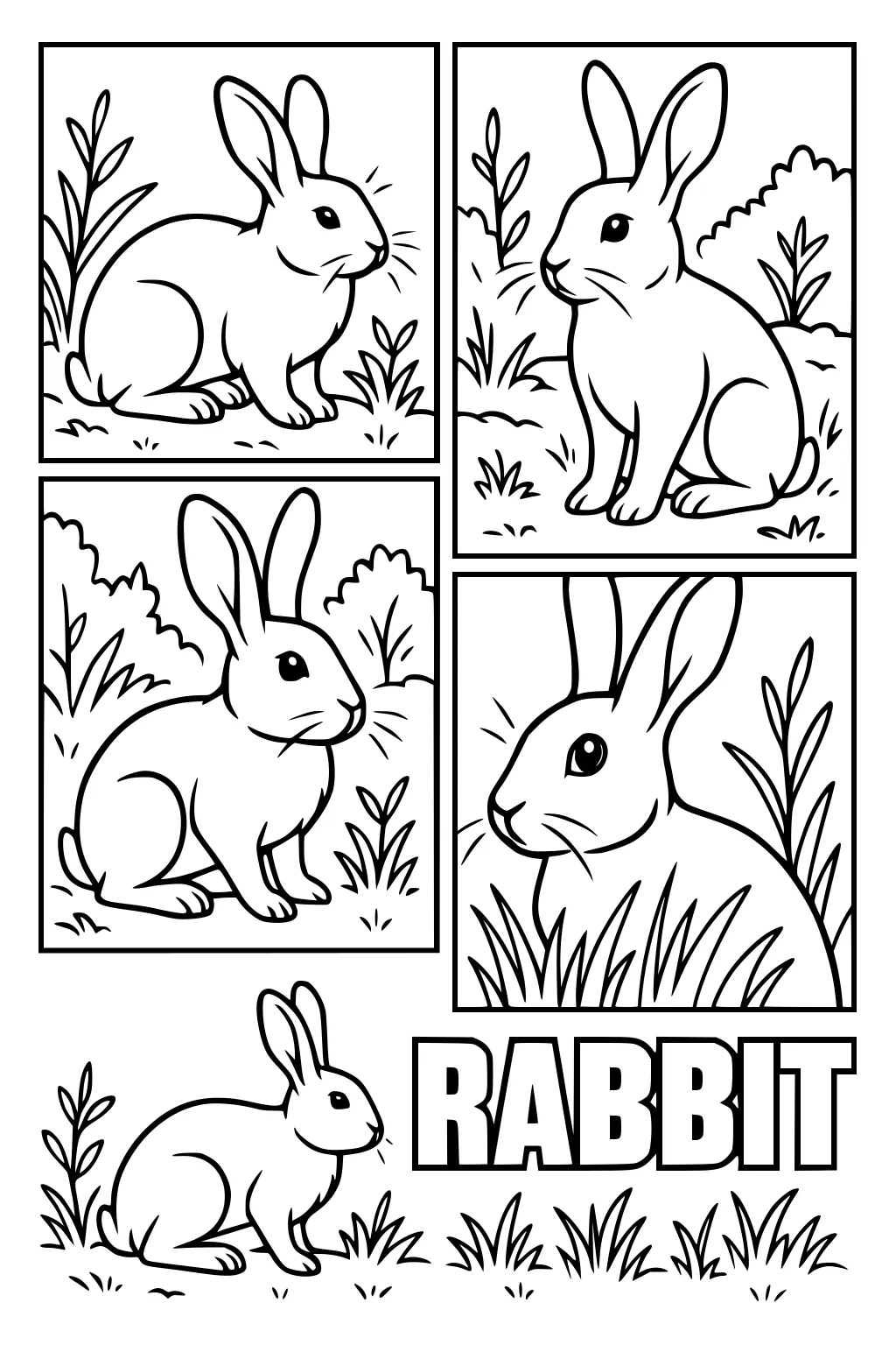 Five rabbits sitting in grass, each in its own box, with plants and the word RABBIT at the bottom.