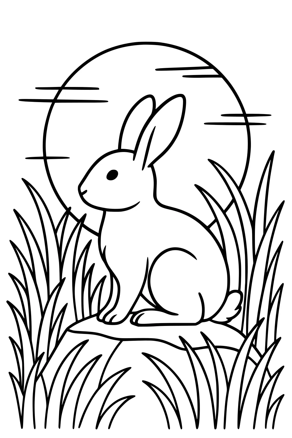 Rabbit sitting on a rock with tall grass and a big sun behind.