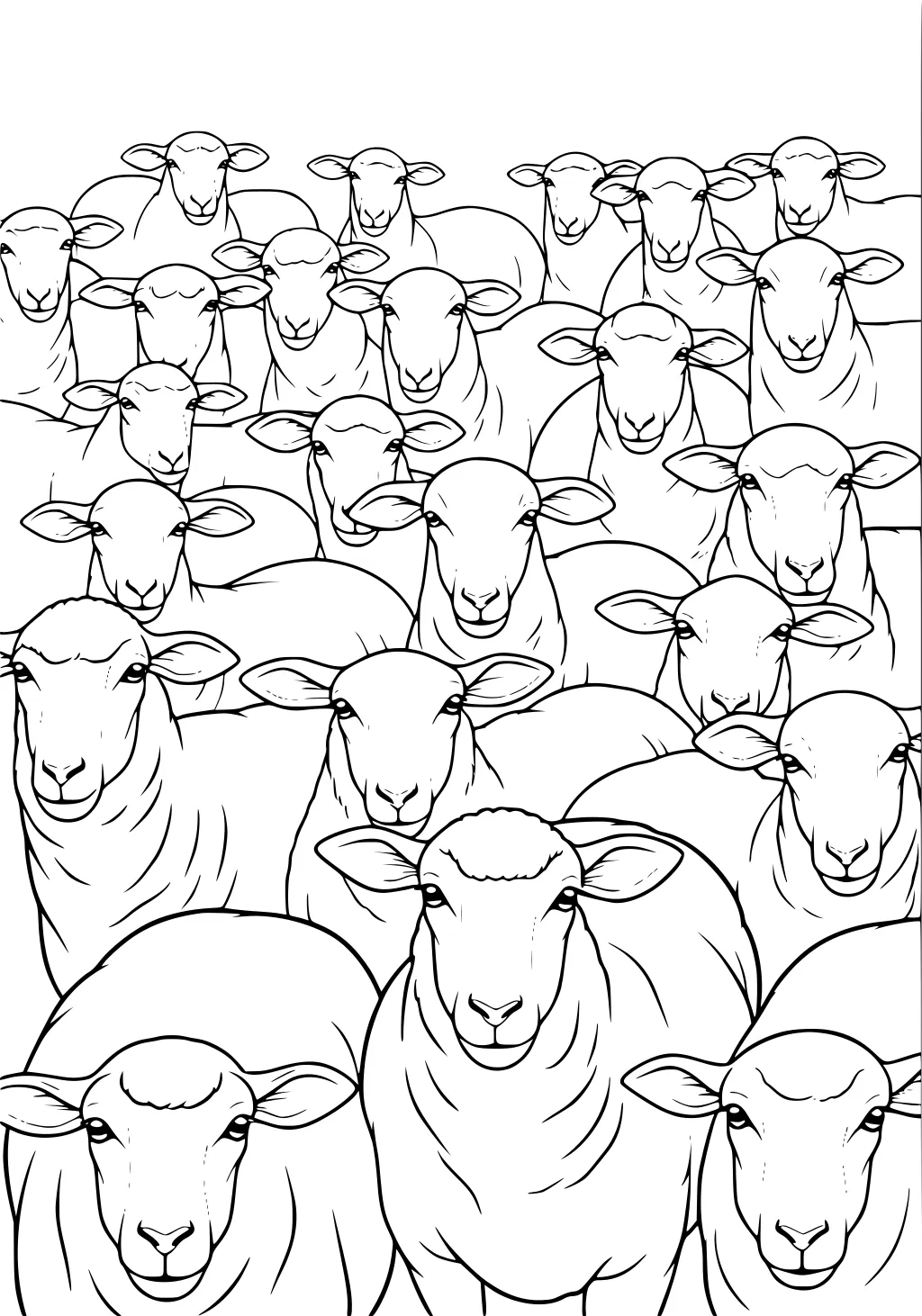 Many sheep packed tightly together, each facing forward with big ears, round noses, and fluffy wool, filling the whole page.